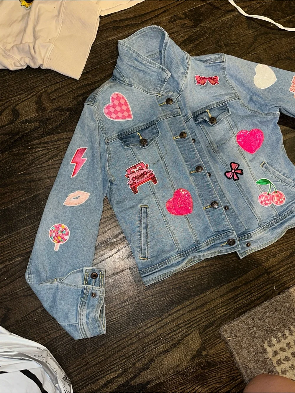 Light Blue Girls' Denim Jacket w/various girly Sequin Patches 10/12